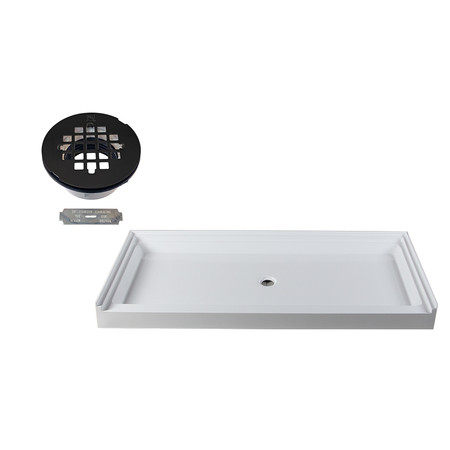 WESTBRASS Shower Pan 72 x 36 3-Wall W/ Center Plastic  Drain W/ Modern Cross Grid in Matte Black HPG7236WHP-62